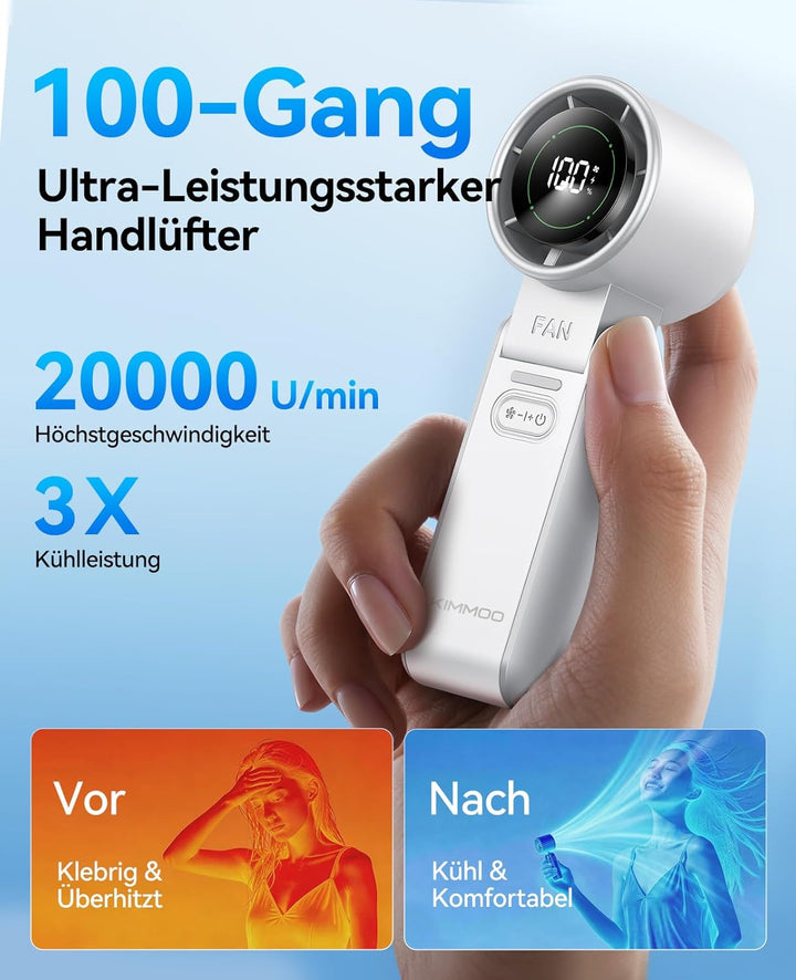 KIMMOO 3-in-1 Turbo-Handventilator – 100 Geschwindigkeiten, 20000 U/min, 12 Std. Kühlung, Digitaldis