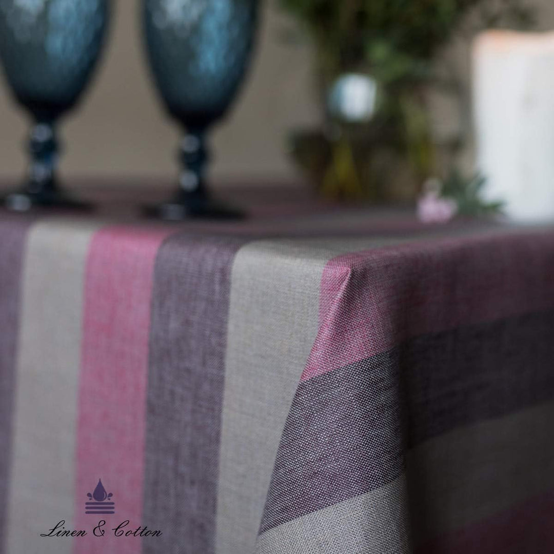 Linen &amp; Cotton Tischdecke Wachstuch Gartentischdecke Silva - 100% Leinen, Lila Rosa Grau (147 x 220