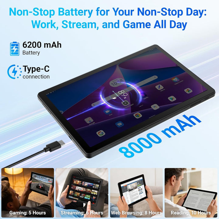 Tablet 10 Zoll Android 15 GMS-Zertifiziert, 30GB RAM + 128GB ROM (2TB TF), Octa-Core, 6200mAh, 1280x