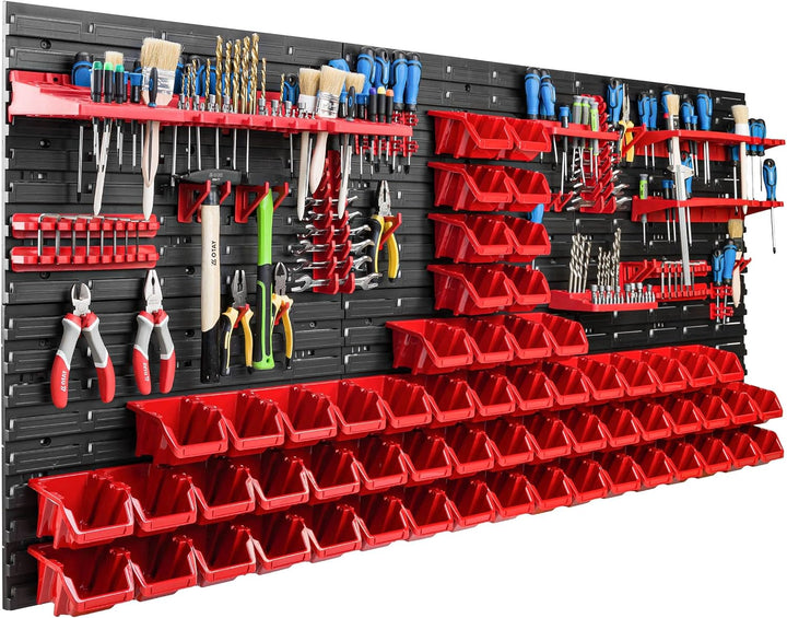 Lagersystem Werkstattregal | 172 x 78 cm | 60 stck. Box | Wandregal mit Werkzeughalterungen und Stap