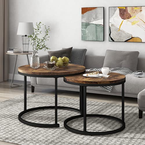 Merax Runder Couchtisch, 2er Set Satz Wohnzimmertisch,Geschachtelter Beistelltisch, 2 Sofatisch Brau