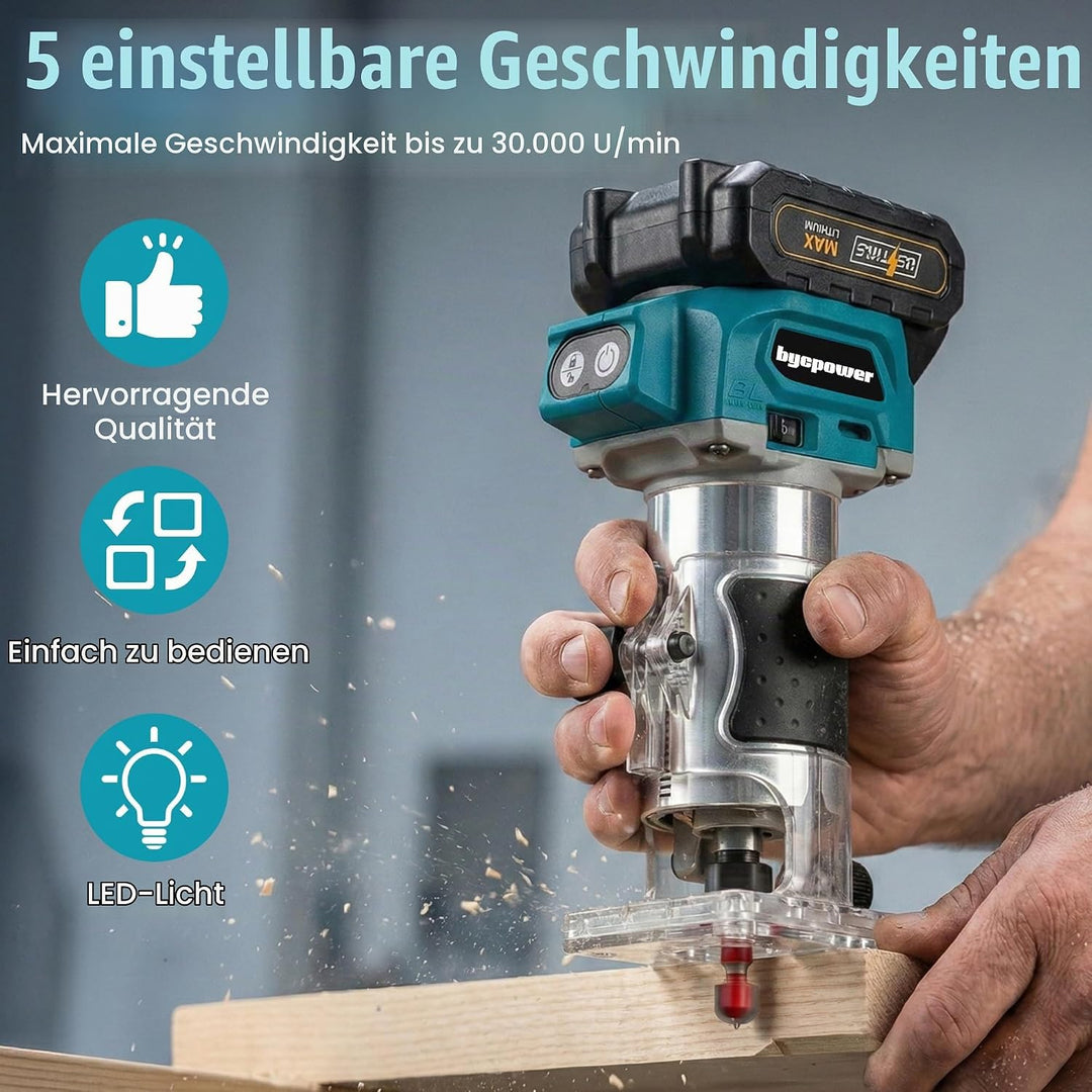 Akku Oberfräse für Ma-Kita 18V Akku, 30000 RPM Bürstenloser Motor, 5-Stufen Kantenfräse mit 2 Akku,