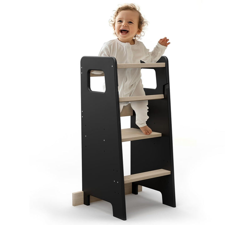 Montessori Lernturm aus Holz – Lernturm für Kinder – Rutschhemmende Füsse Montessori-Methode (Schwar