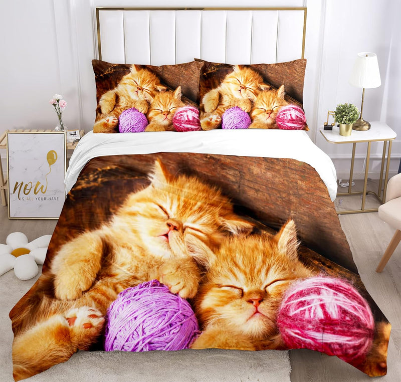 Katze Bettwäsche Set 135 x 200 cm, Tiermotiv, Kinderbettwäsche, Cat Muster Bettbezug 3D Haustier Kat