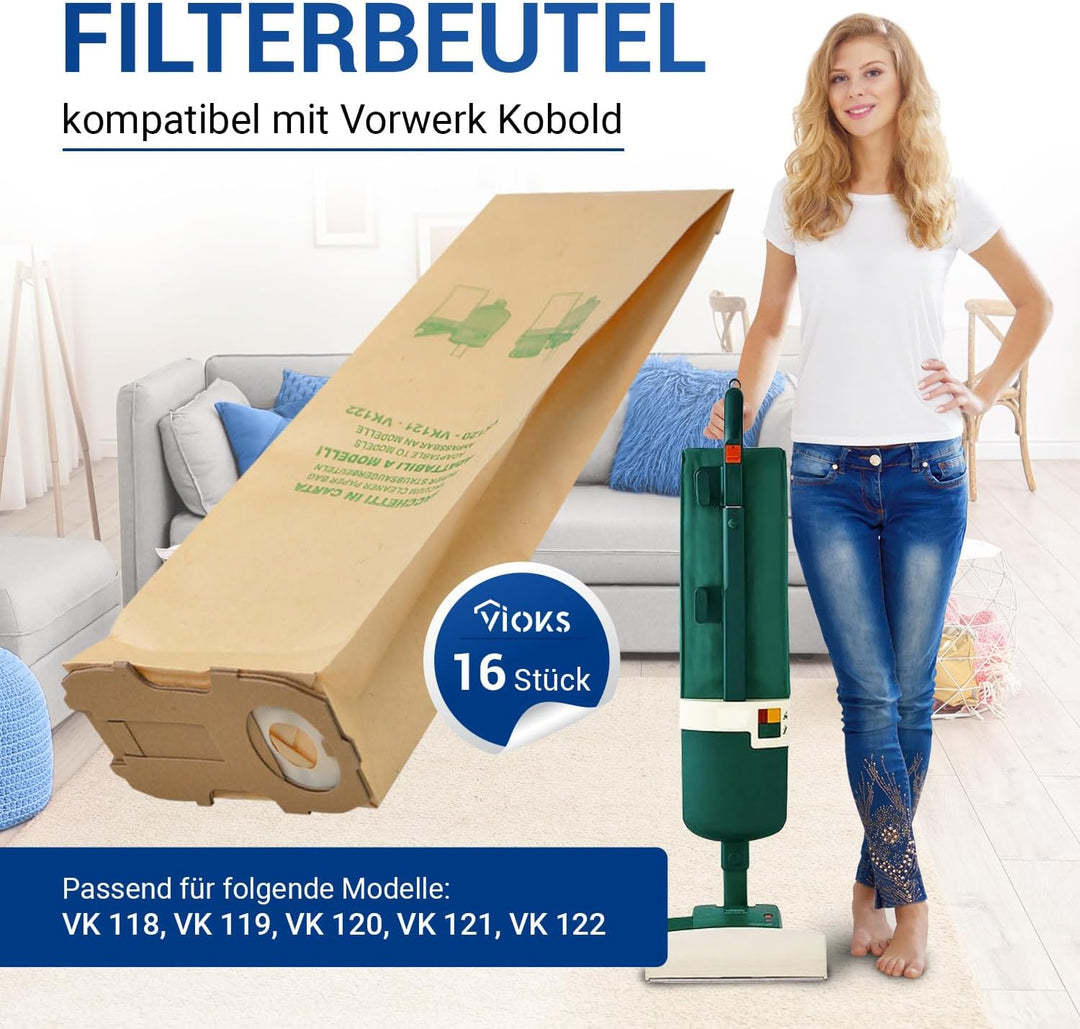 VIOKS Staubsauger Beutel 16x Ersatz für Vоrwerk Staubsauger Kobold VK118 VK119 VK120 VK121 VK122 &amp; S