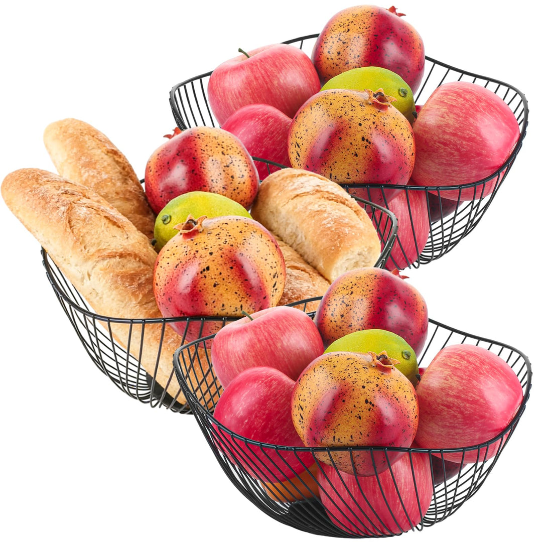 3 Stück Obstschale Modern, 25.5x11cm Obstschale Schwarz, Wellenform Obstkorb Metall, Rutschfest Brot