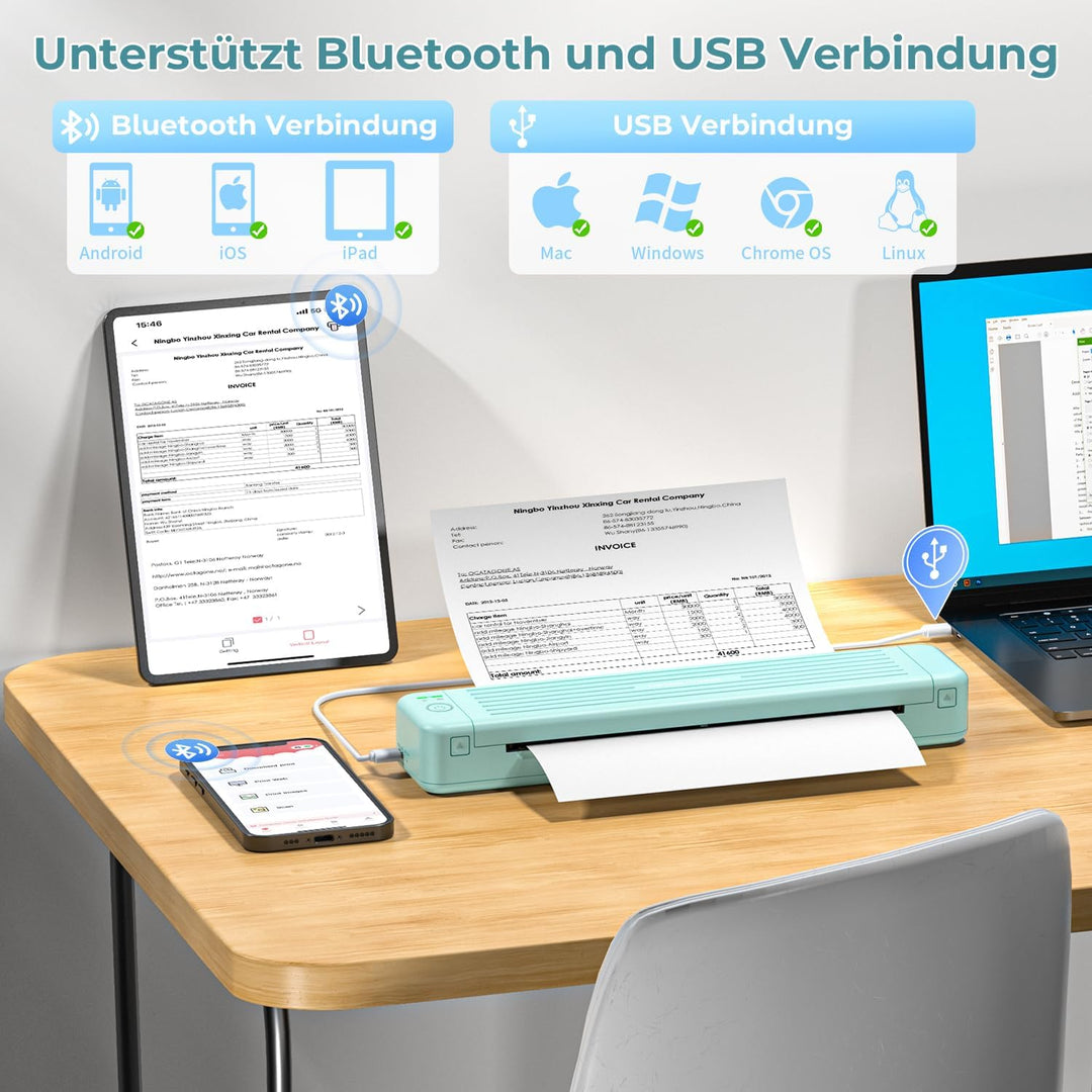 ASprink Mobiler Drucker A4 für Unterwegs, Tragbarer Drucker Thermodrucker A4 P831 für US Letter/A4/B