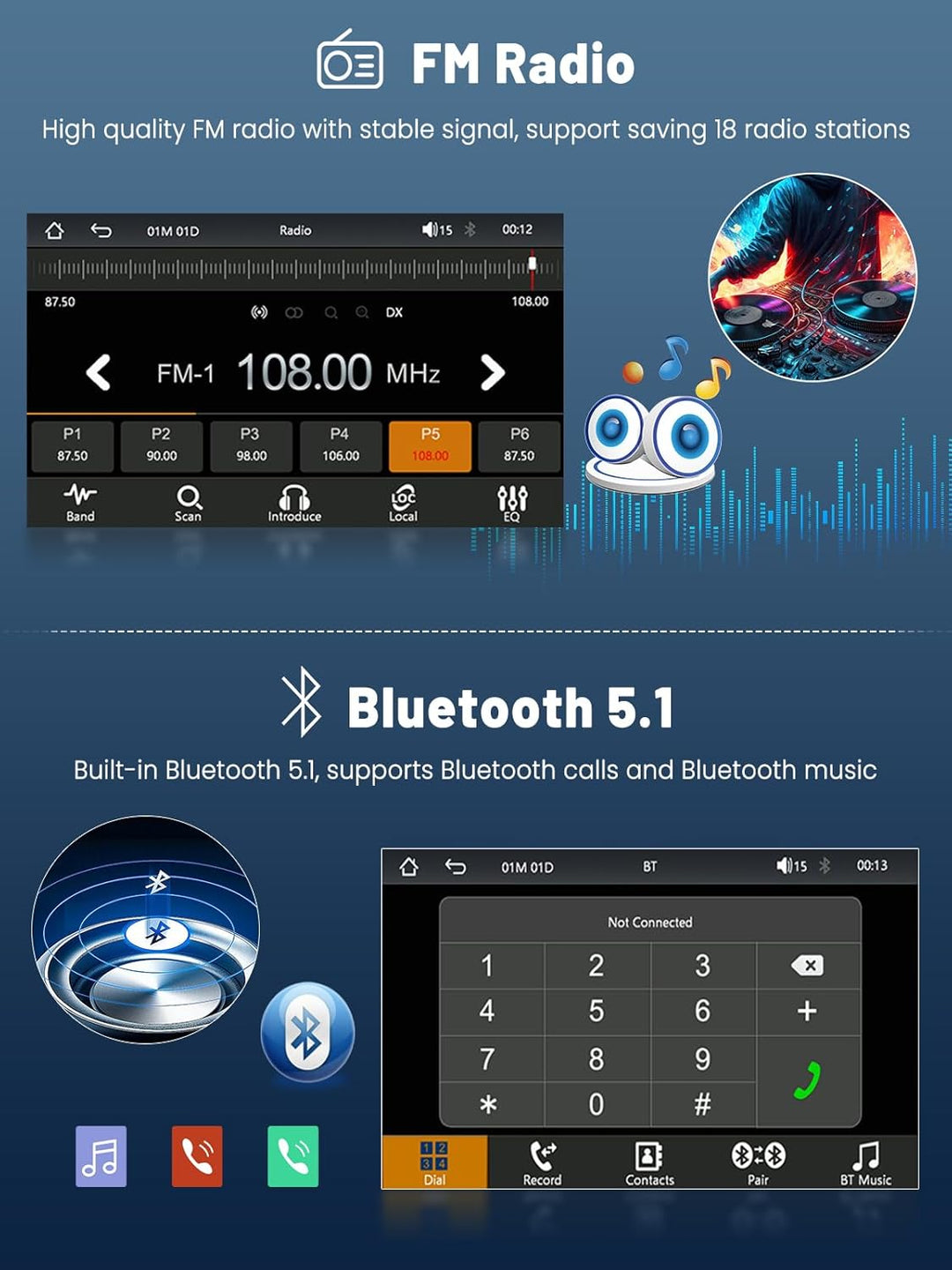DAB/DAB+ Autoradio 1 DIN mit Ausfahrbarem 7-Zoll-Bildschirm, Unterstützt Wireless Carplay & Android