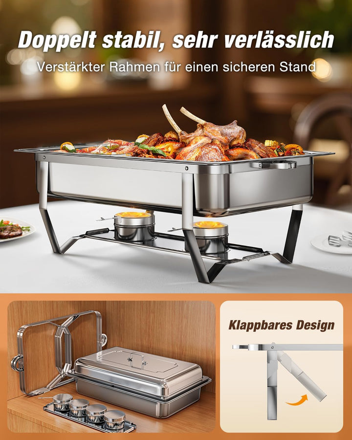 WARMOUNTS Chafing Dish Buffet Set 9L, Edelstahl Speisenwärmer für Catering, Hochglanzpoliert, Klappb