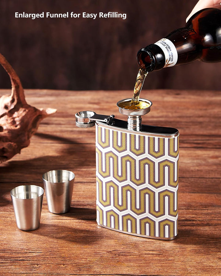 Luxuriöses 237 ml Edelstahl-Flachmann-Geschenkset mit 2 Schnapsgläsern und Trichter, lederbedruckter