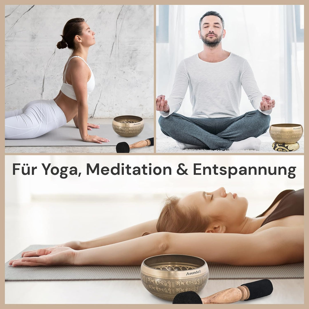 Tibetisches Klangschale-Set Om für Yoga, Meditation und Entspannung - handbemalte Tibetische Klangsc
