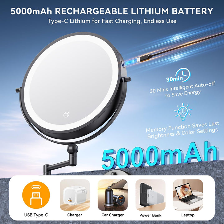 Auxmir Kosmetikspiegel mit Beleuchtung, 1X 30X Rasierspiegel Wandmontage | 5000mAh Akku, 9" Ausziehb