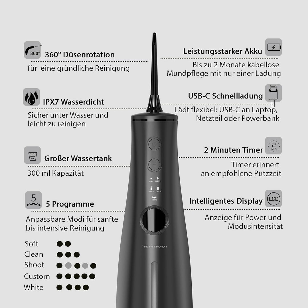 Tristan Auron Munddusche – 2 Ersatzdüsen und Reisetasche, 5 Modi, 8 Druckstufen inkl. Shoot Modus, 3