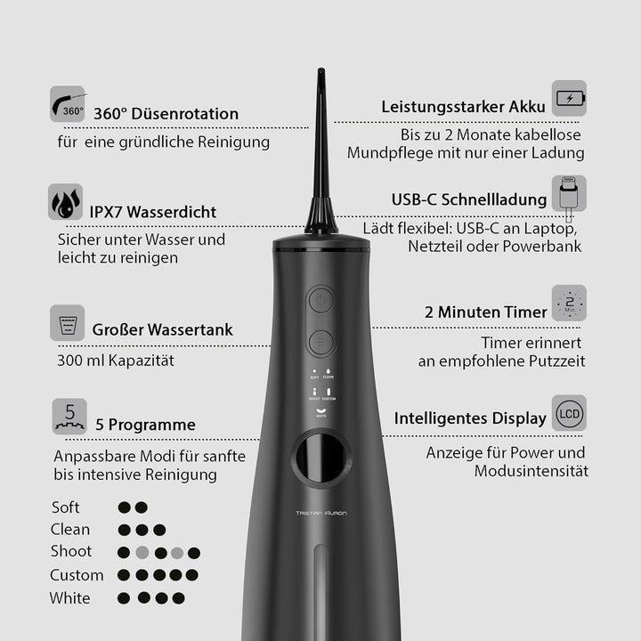 Tristan Auron Munddusche – 2 Ersatzdüsen und Reisetasche, 5 Modi, 8 Druckstufen inkl. Shoot Modus, 3