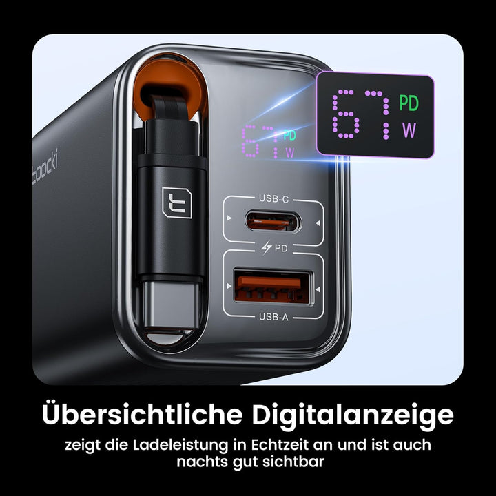 toocki USB C Ladegerät, 3Port GaN Mehrfach Ladegerät mit Schnell Einziehbares Ladekabel,67W USB C Ne