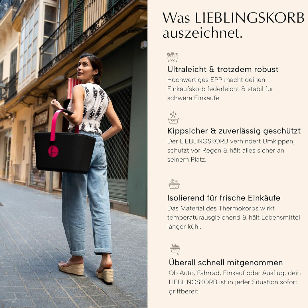 LIEBLINGSKORB Original black pastellrosa - ultraleichter, kippsicherer &amp; formstabiler Einkaufskorb -