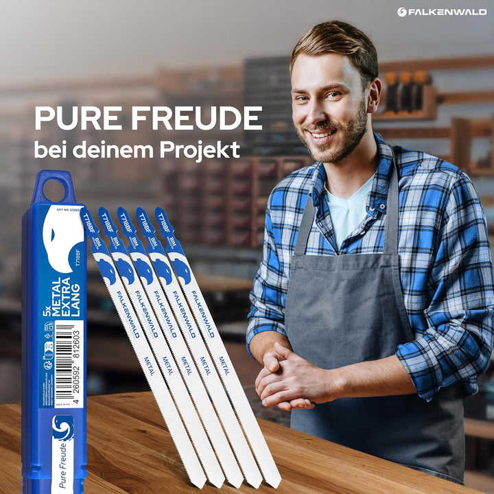 FALKENWALD® Stichsägeblätter Metall 5x T718BF – Extra lange Sägeblätter 180mm für Metall, Kunststoff