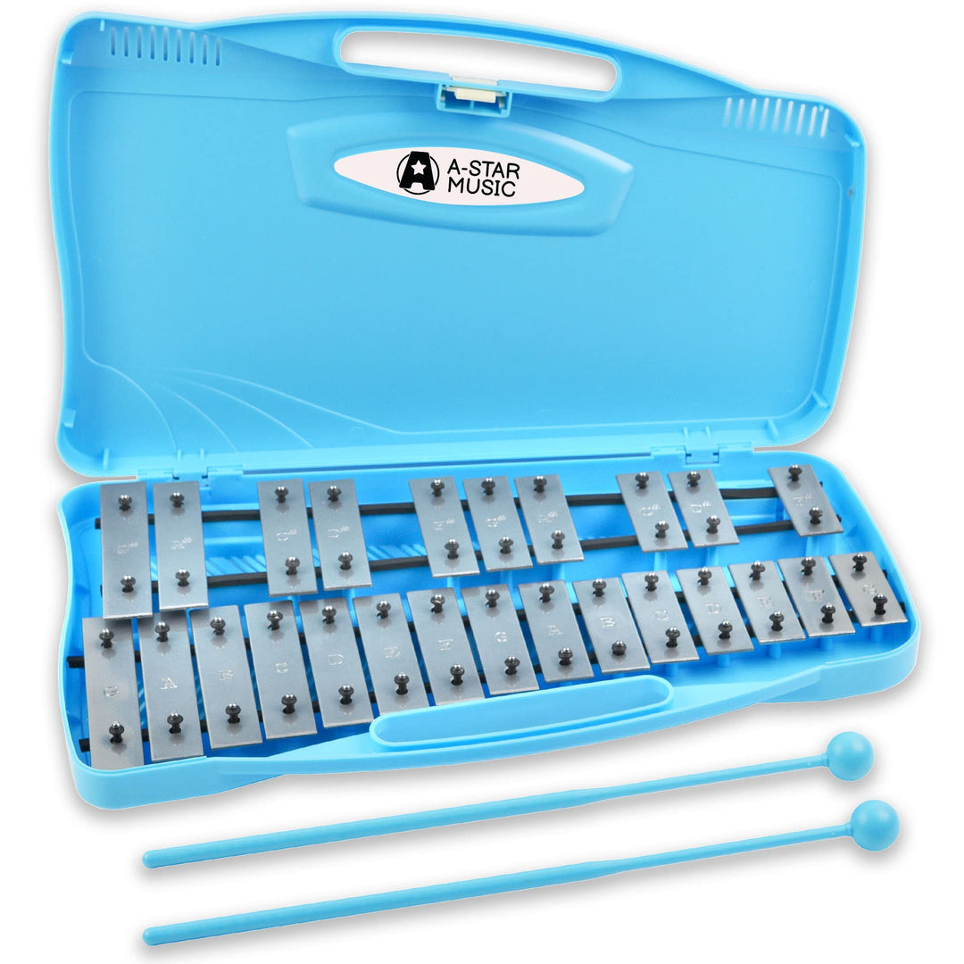 A-Star 25-Noten-Sopran-Chromatisches Glockenspiel-Xylophon im blauen Gehäuse mit silbernen Tasten un