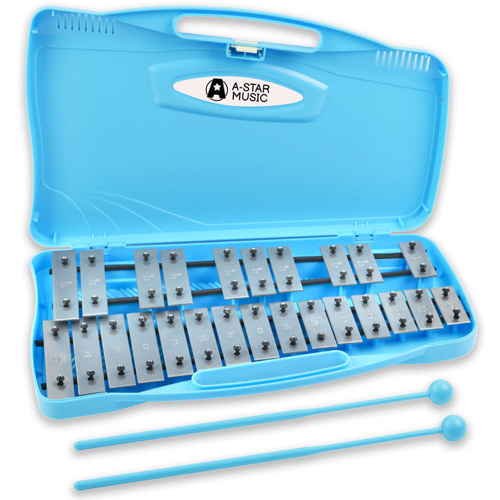 A-Star 25-Noten-Sopran-Chromatisches Glockenspiel-Xylophon im blauen Gehäuse mit silbernen Tasten un