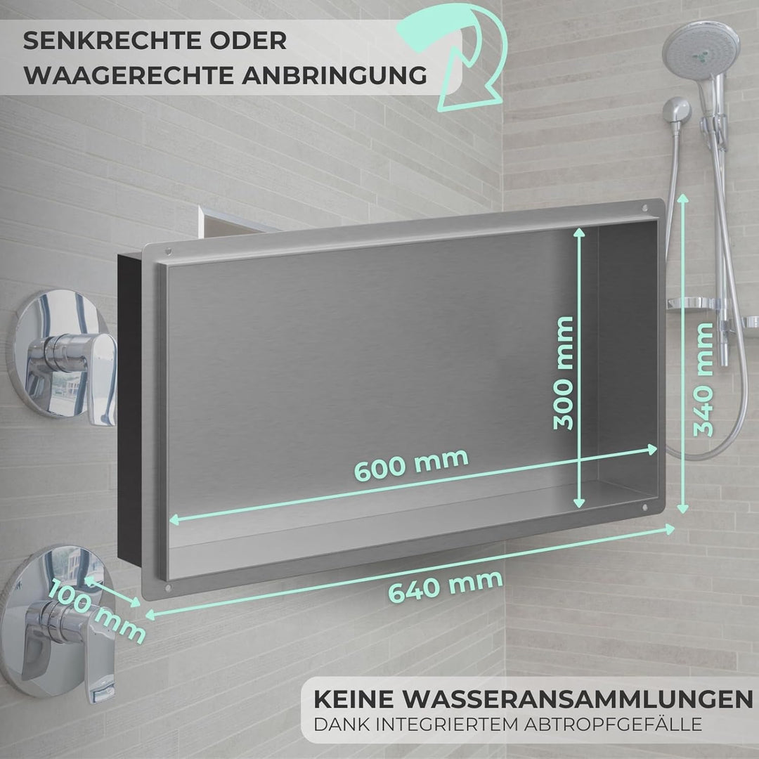 HAGO24 DIY Duschnische 60x30cm I Wandnische Dusche aus Edelstahl I einbaubare Duschablage in silber