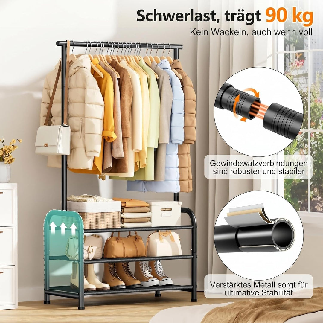 MISSLO 76CM Stabil Kleiderständer – freistehende Klein Kleiderstange mit 3-stufiger Schuhorgansation