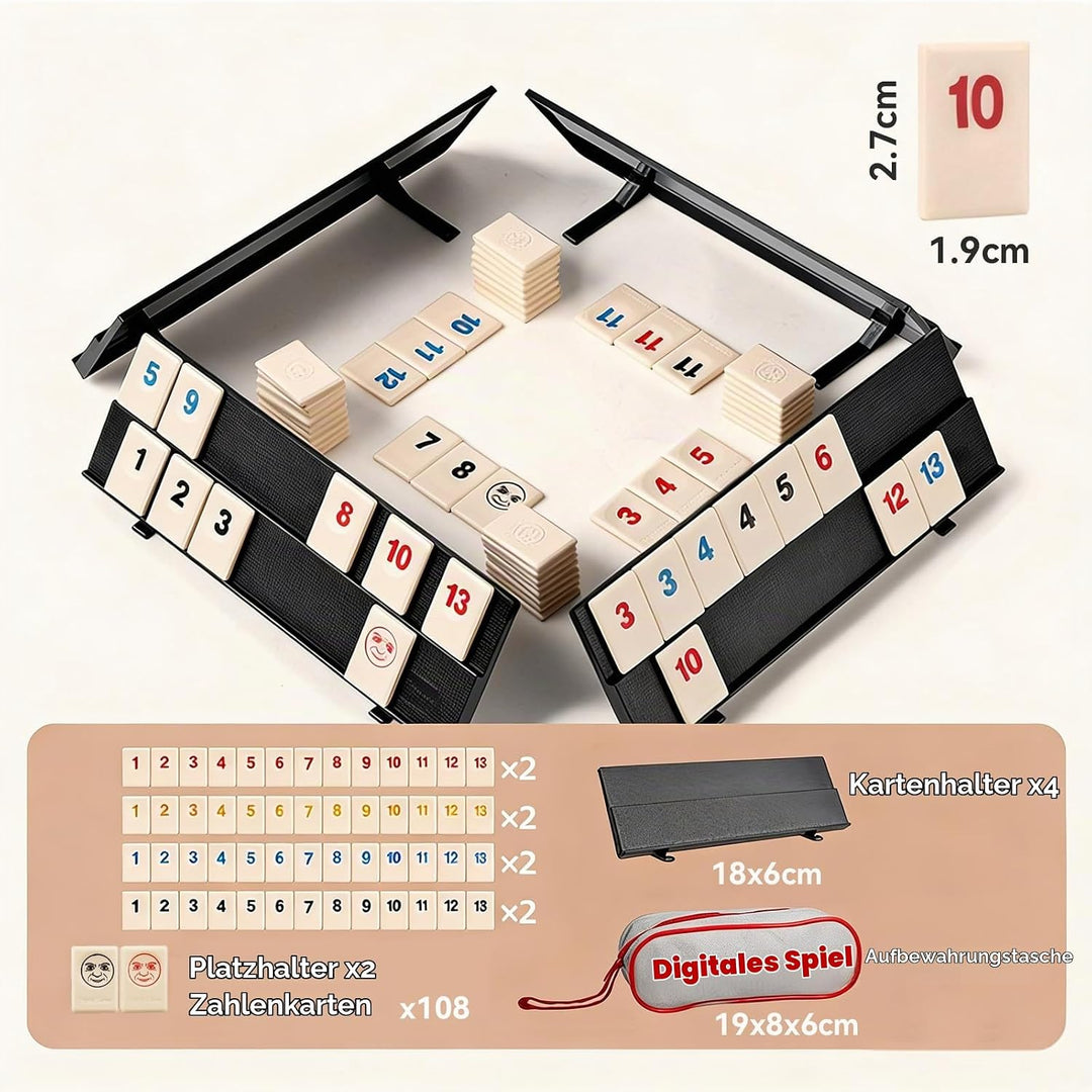 Mini Rummy Spielset, Rummy Reisespiel Mit 104 Karten und 4 Kartenständer Tragbares Rummi cub Mit Auf