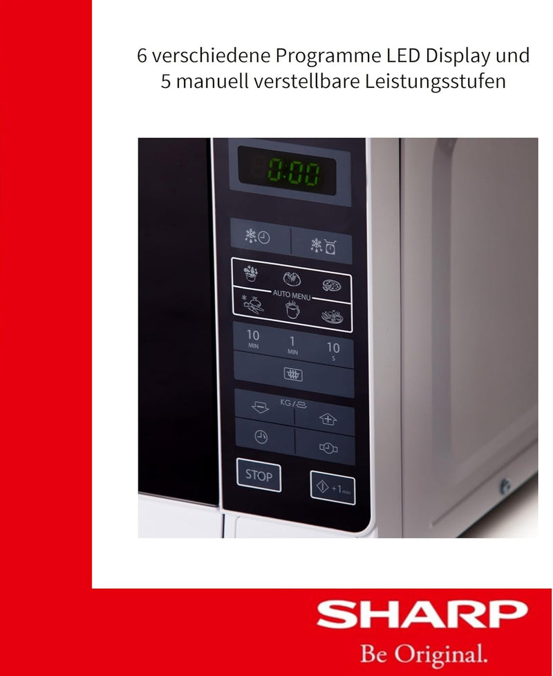 Sharp R242INW Solo-Mikrowelle / 20 L / 800 W / 5 Leistungsstufen / 8 Automatikprogramme / Gewicht- u