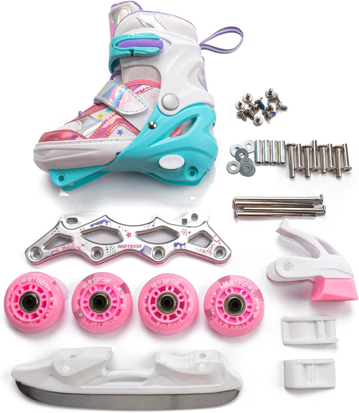 meteor verstellbare 4‑in‑1 Kinder Inline-Skates – Rollschuhe Inliner Schlittschuhe – ABEC‑7 PU‑Räder