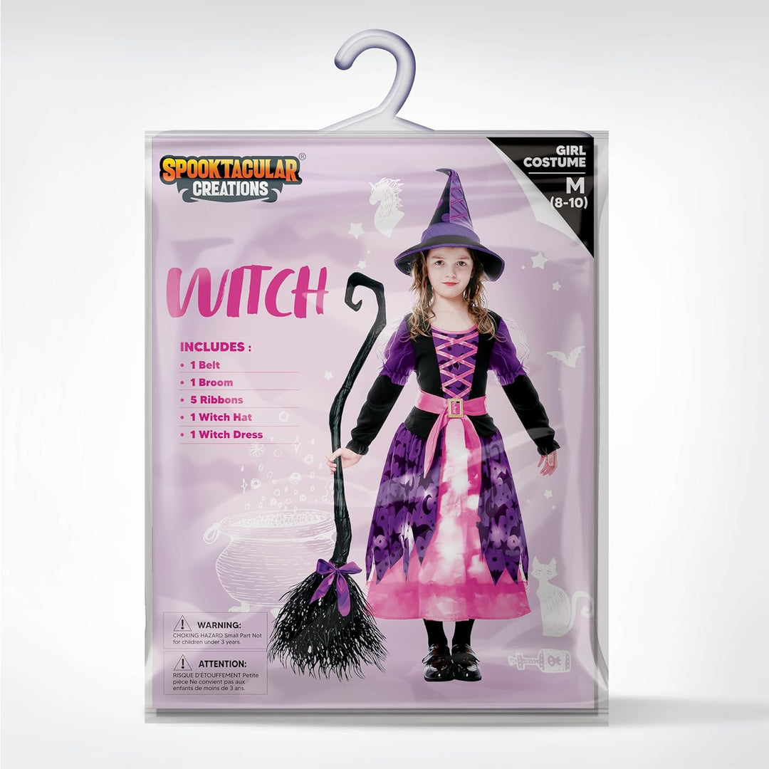 Hexenkostüm für Mädchen, rosa Druck Hexerkostüm, Light-up Hexen Halloween Kostüm Kleid UP, Rosa