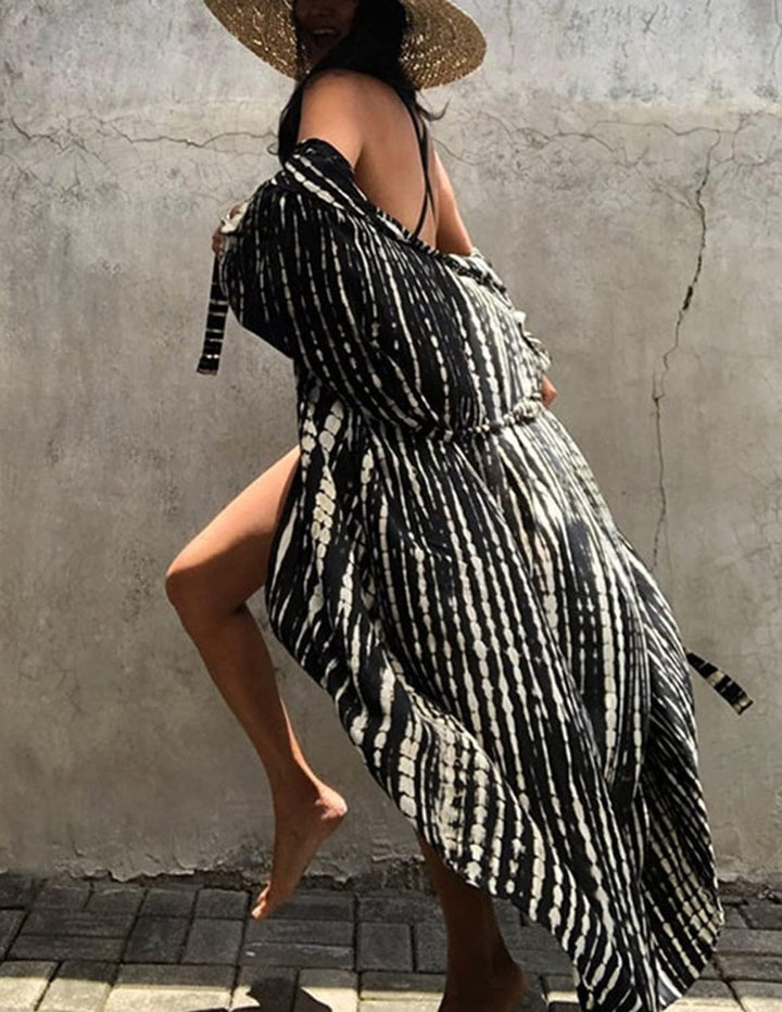 Damen Boho Strandkleid Badeanzug Bedecken Pareos Kimono Cardigan Maxikleid mit Gürtel Bluse Bikini C