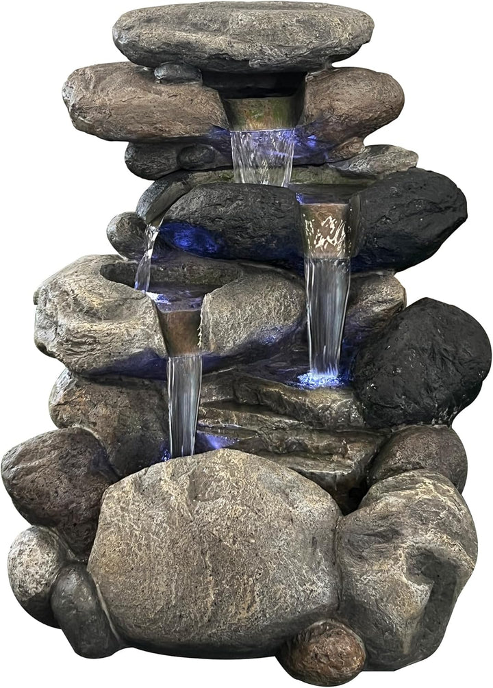 Köhko Springbrunnen Kieselstein Gartenbrunnen in Naturstein-Optik mit 4X LED Beleuchtung Höhe=68 cm