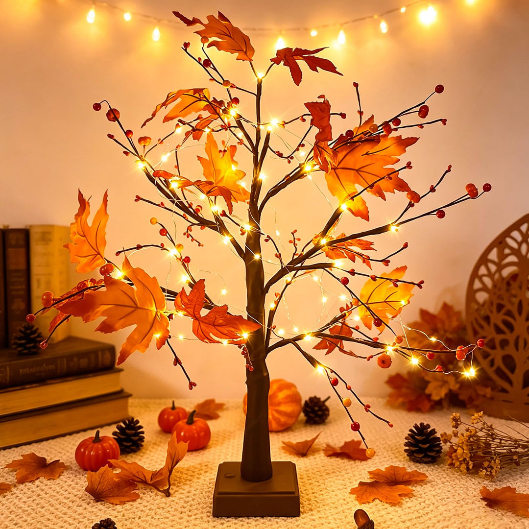 Herbstdeko Ahornblatt Baum Lichter, 61cm Herbst Dekoration Lichterbaum Für Innen mit Timer, Herbst D