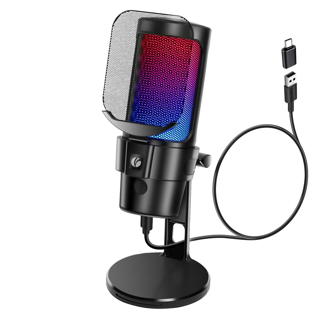 VCOM Gaming Mikrofon PC, RGB USB Mikrofon mit Mute, Pop-Filter, Gain, Gaming Zubehör Microphone für
