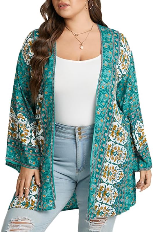 ZANZEA Damen Blumendruck Kimono Strickjacke Boho Strandkleid Pareos Poncho Sommer Strand Cardigan Bi