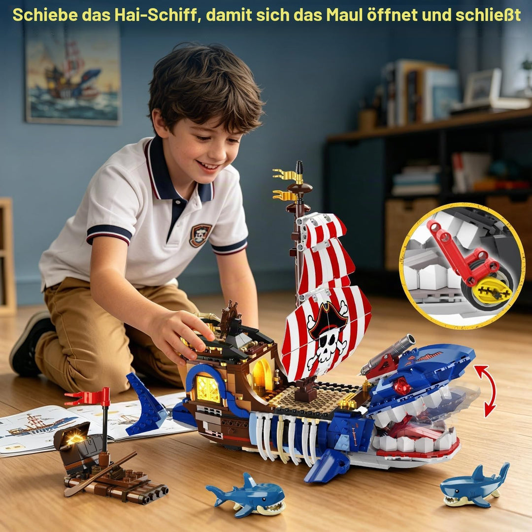 HiWEEGO Technik Hai Piratenschiff Bausatz mit LED Licht für 8 Jahren Jungen