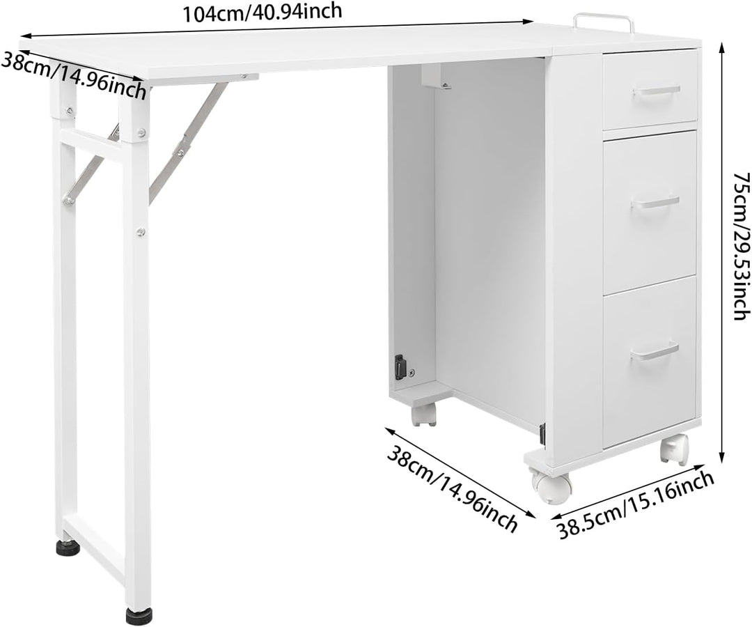 Faltbar Mobile Rolling Maniküre Tisch mit 3 Schubladen, Make-up-Koffer, Kosmetikkoffer, Werkbank mit