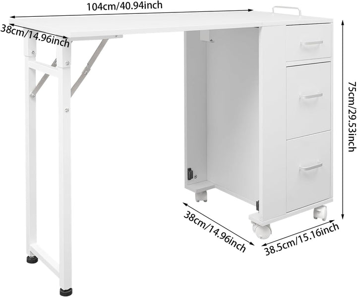 Faltbar Mobile Rolling Maniküre Tisch mit 3 Schubladen, Make-up-Koffer, Kosmetikkoffer, Werkbank mit