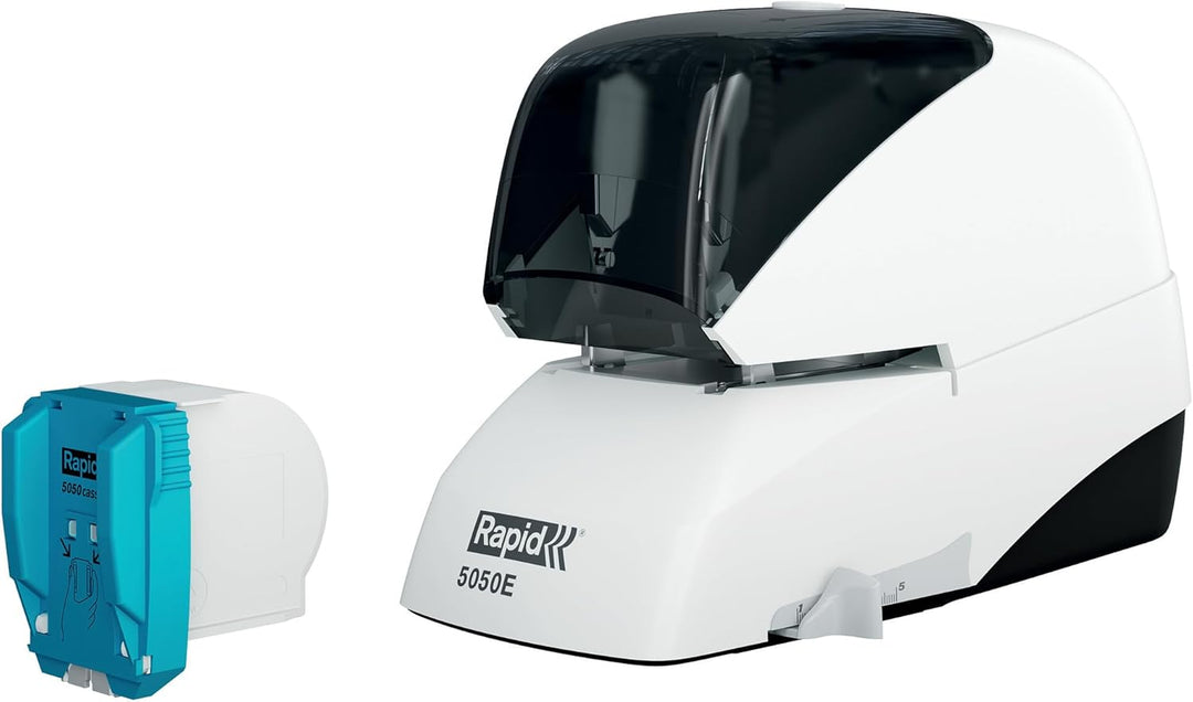 Rapid Elektro-Flachheftgerät, 50 Blatt, Kunststoff, Metall, Elektronik, Kassettenaustausch, Inkl. ei