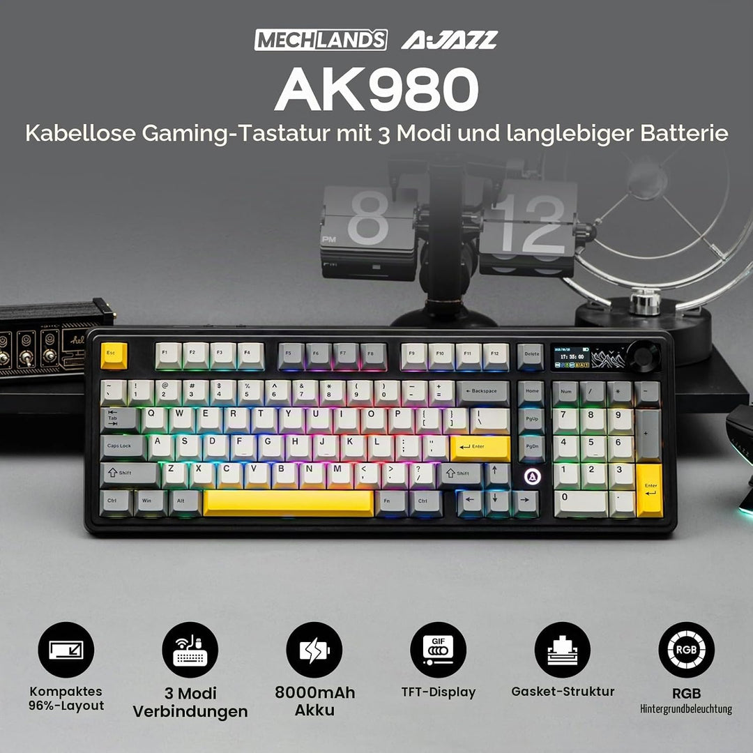 MechLands AJAZZ AK980 98% Mechanische Tastatur, BT5.0/USB-C/2.4GHz Wireless Gaming Tastatur, Hot Swa