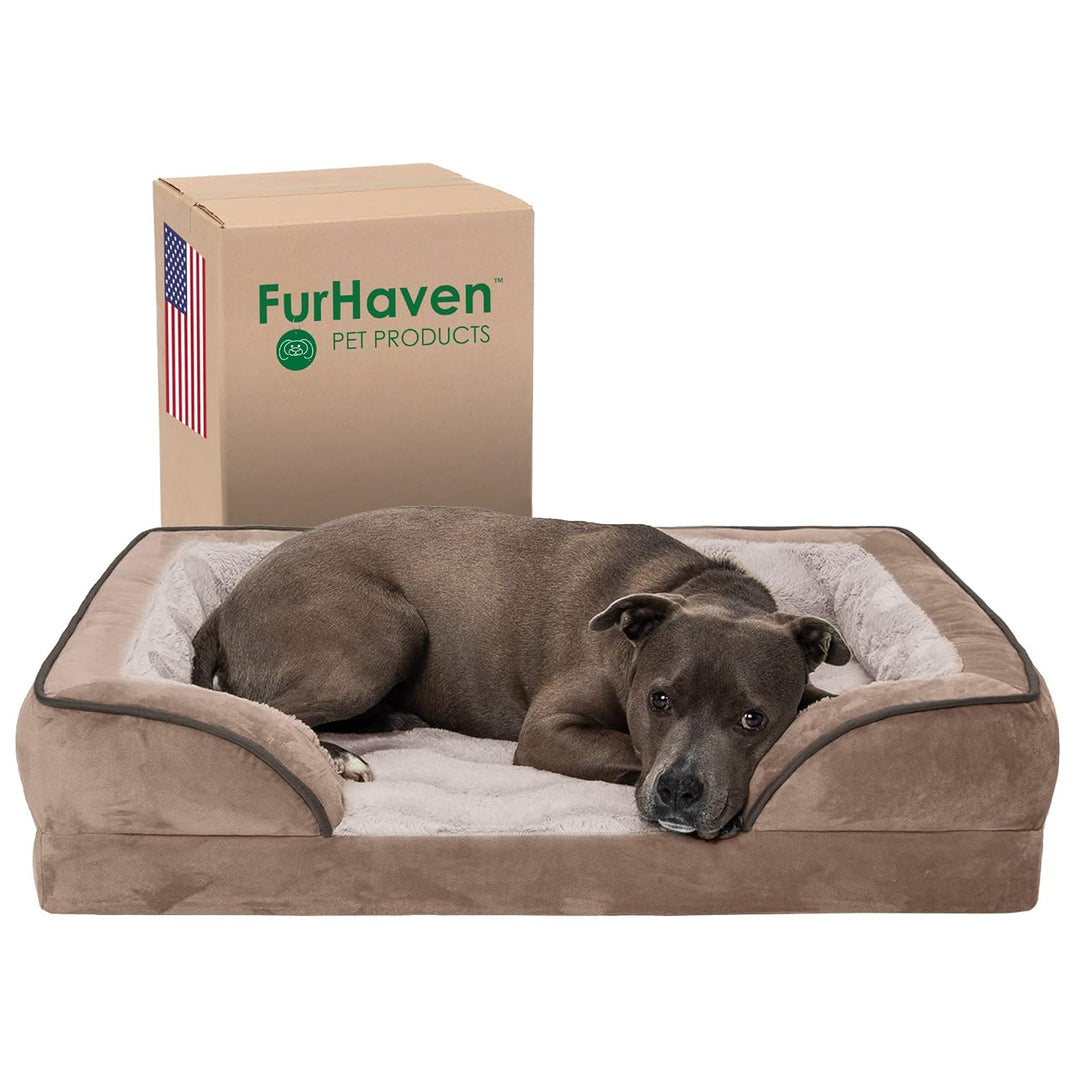 FurHaven Large Memory Foam Dog Bed Perfect Comfort Plush & Velvet Waves Sofa-Style w/Removable Washa