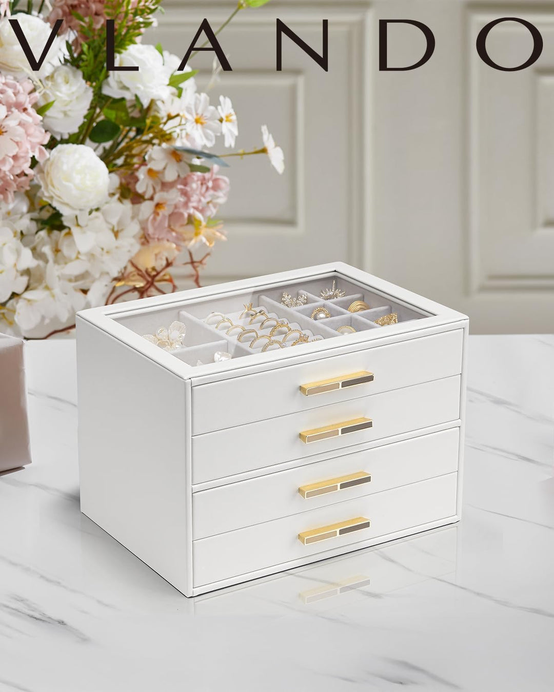 VLANDO Schmuckkästchen Gross, Schmuckkasten mit 4 Ebenen, Schmuck Organizer mit Glasdeckel, 4 Schubl