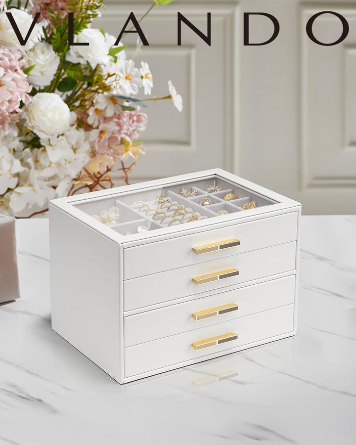 VLANDO Schmuckkästchen Gross, Schmuckkasten mit 4 Ebenen, Schmuck Organizer mit Glasdeckel, 4 Schubl