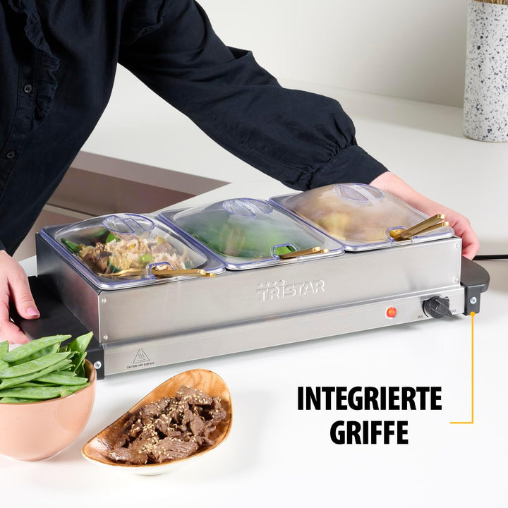 Tristar Edelstahl Buffetwärmer - einstellbares Thermostat, 3 x 1,5l Buffetbehälter, als Heizplatte v