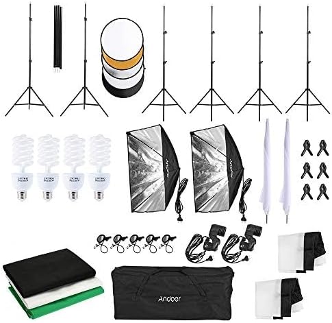 Andoer Fotostudio Set, 1,8m x 2,7m Hintergrund Stützsystem mit Softbox, 45W Fotolampe, Reflektor, We