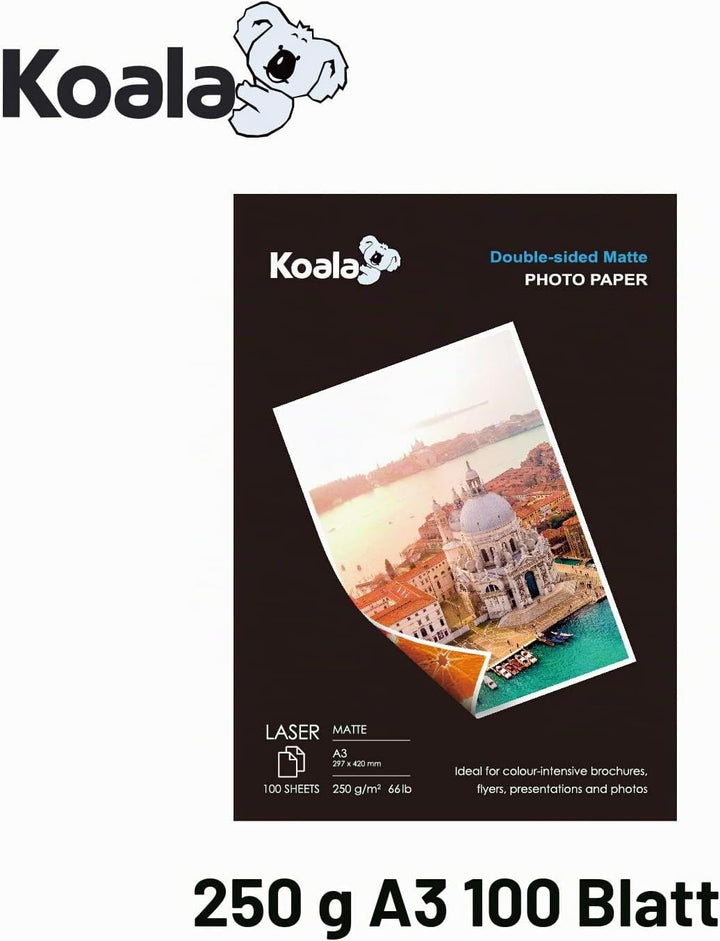 KOALA Fotopapier für Laserdrucker, Doppelseitig, Matt, A3, 250 g/m², 100 Blatt. Geeignet zum Drucken