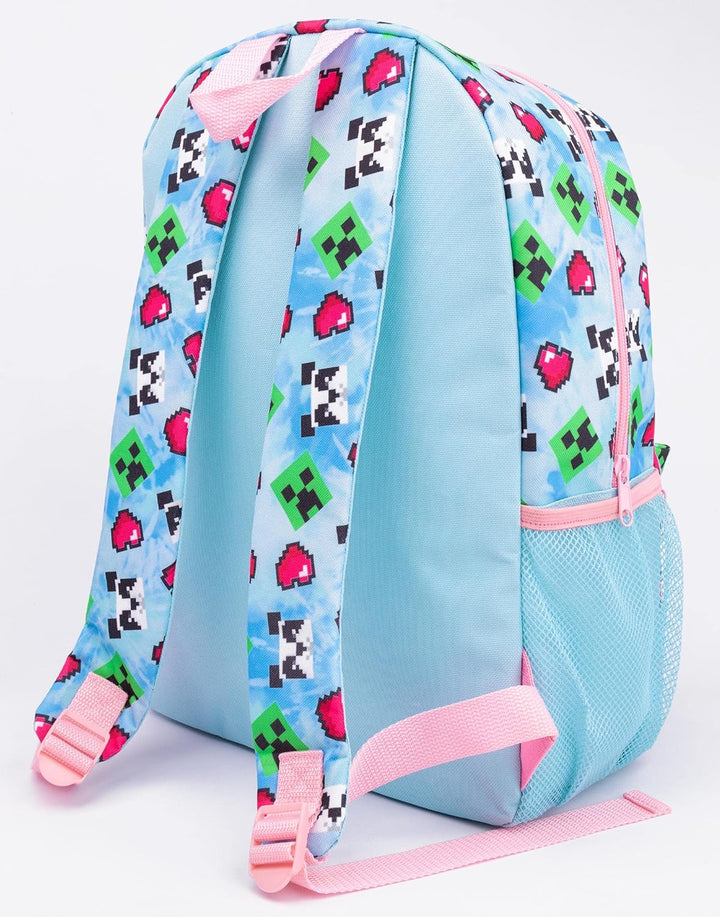 Minecraft Rucksack und Brotdose Set für Mädchen | Kinder 4-teilig Creeper Panda Herzen Blau Schulruc