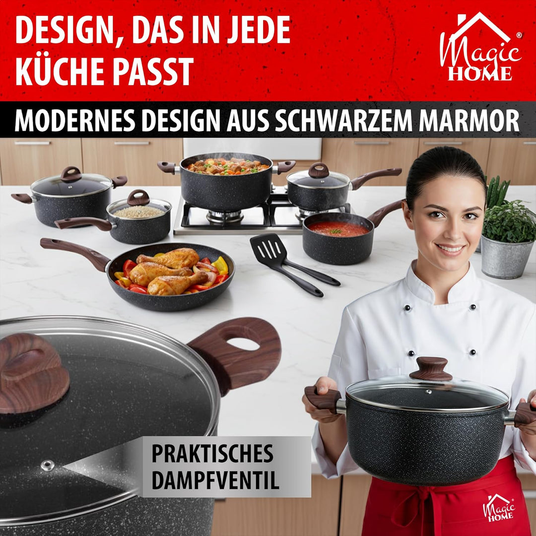 MAGIC HOME Aluguss Topf 28 cm INDUKTION | Marmor Antihaft | Grosser Beschichteter Kochtopf mit Glasd
