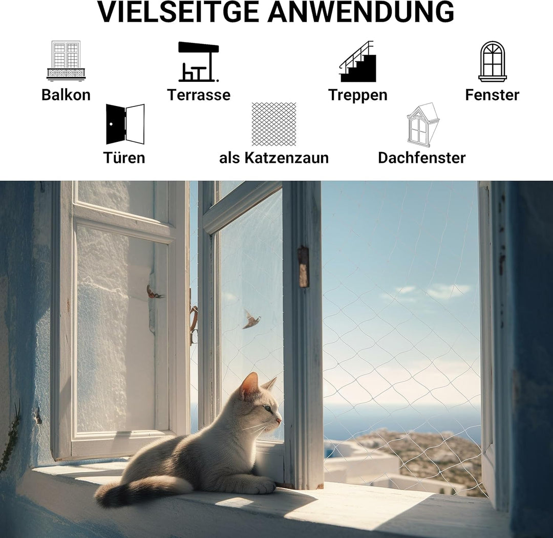 FinoPet Katzennetz für Balkon 8x3 Meter transparent inklusive Befestigungsmaterial, Katzenschutznetz