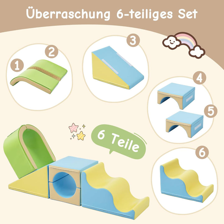 Schaumstoffbausteine 6-in-1 mit Krabbelbogen und Wellenrutsche – Indoor Klettergerüst & Motorikspiel
