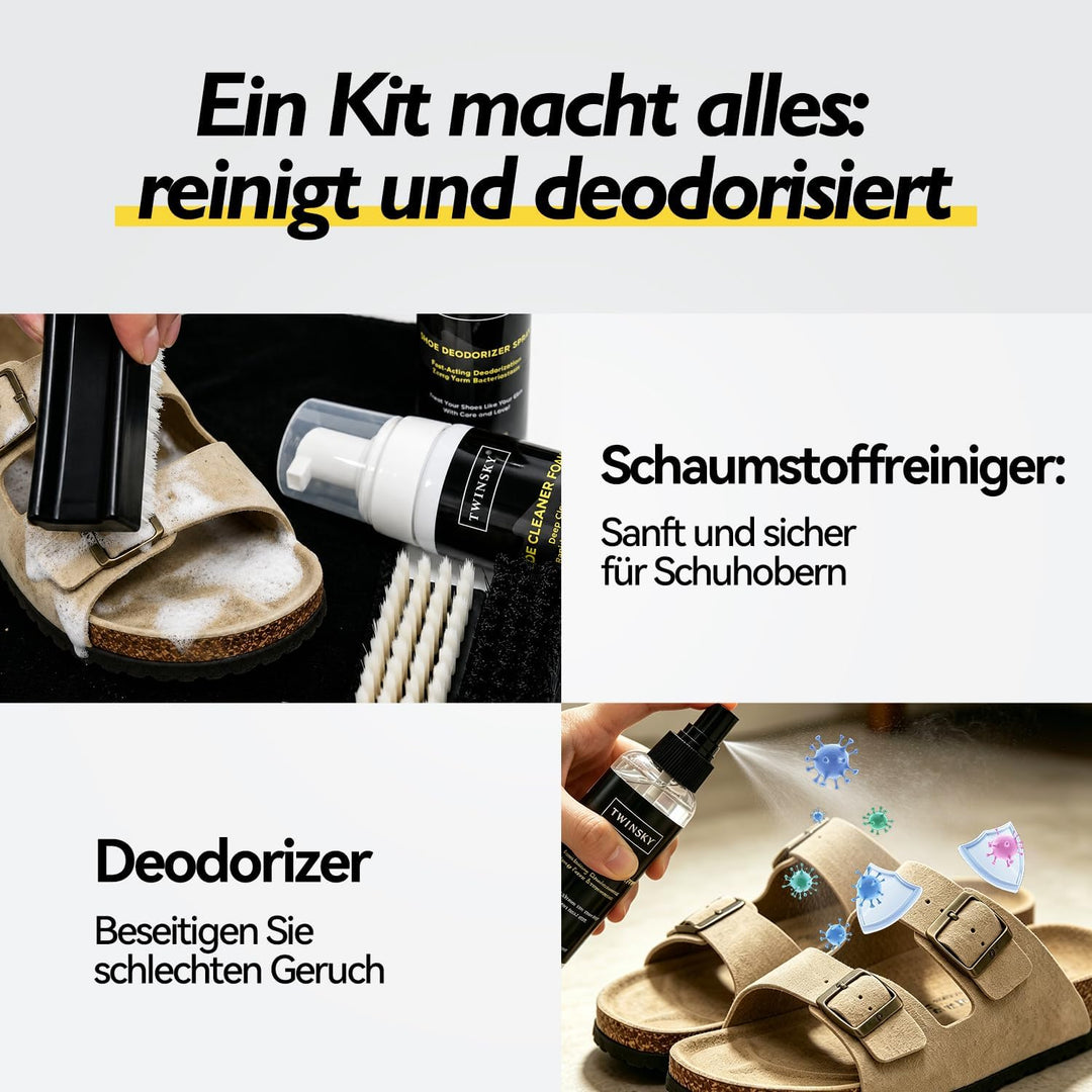 6-in-1-Schuhpflege-Set, mit pflanzlichem Schaum, Desodorierungsspray, 3 Bürsten und Mikrofasertuch,